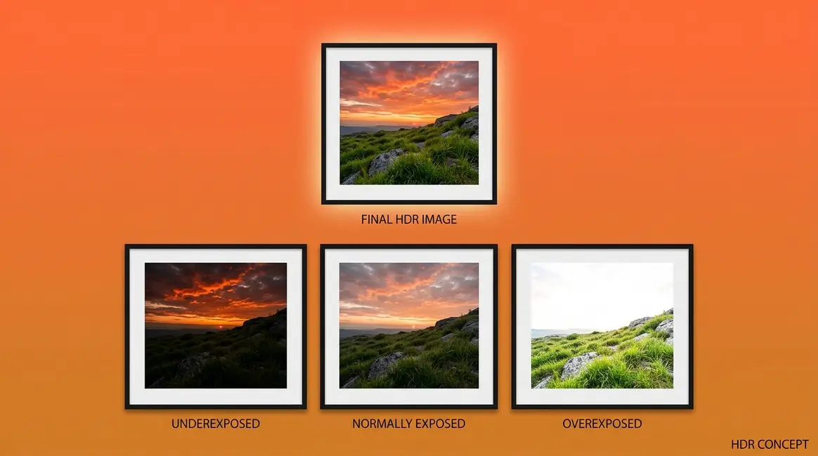 High dynamic range photography triptych showing three bracketed exposures merging into one perfectly exposed landscape