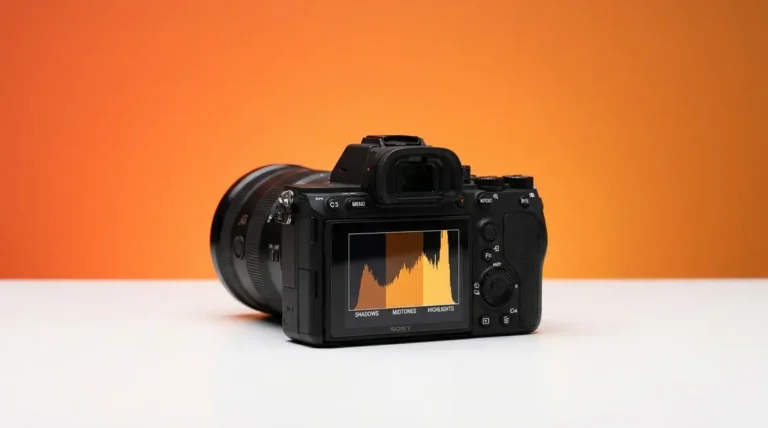 What is histogram photography — camera LCD displaying a tonal histogram graph with shadow, midtone, and highlight zones