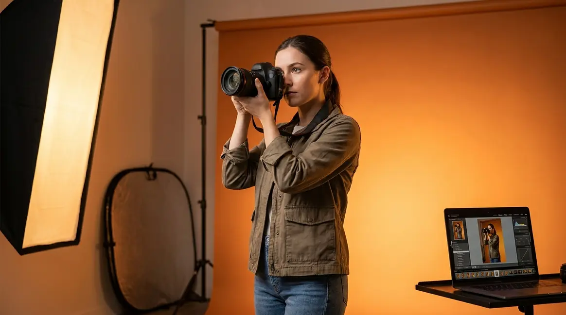 How to become a photographer — aspiring photographer looking through DSLR camera in professional studio