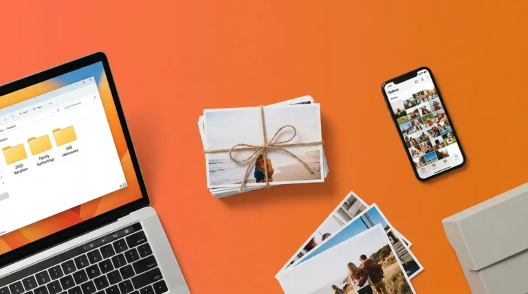 How to organize photos — laptop folder structure, printed photos, and smartphone camera roll arranged neatly