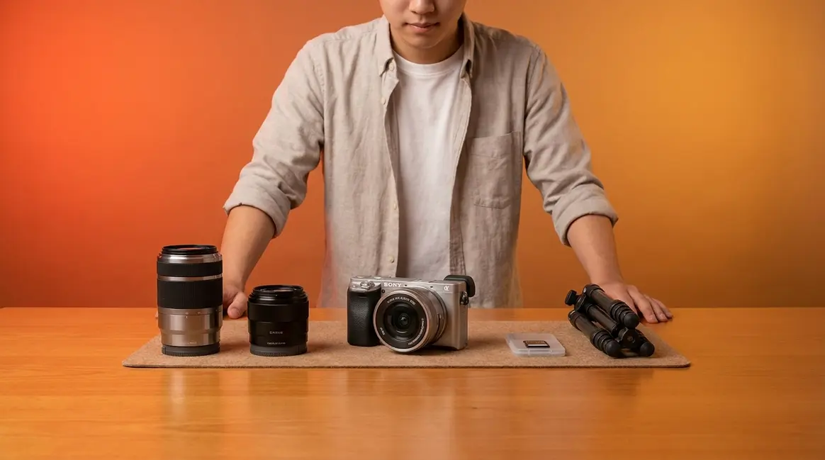 Beginner photographer learning how to select camera gear with mirrorless body and lenses on desk