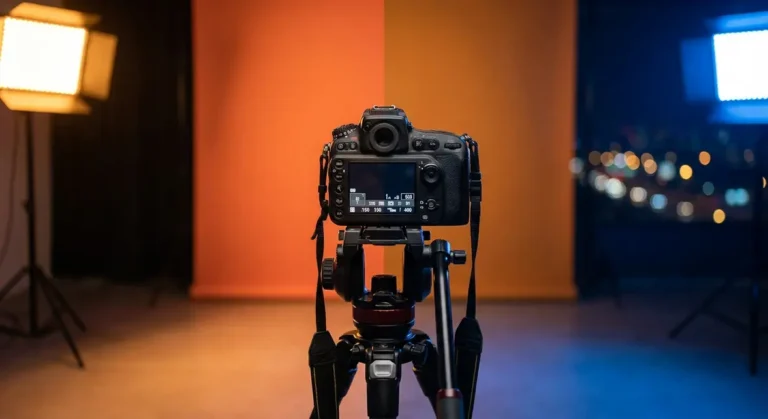 Light photography settings guide showing camera on tripod across bright and low-light scenarios