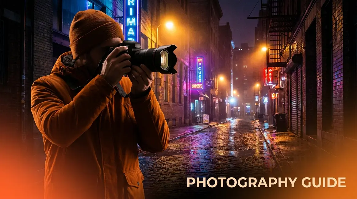 Photographer shooting low light photography on a wet city street at night with neon reflections