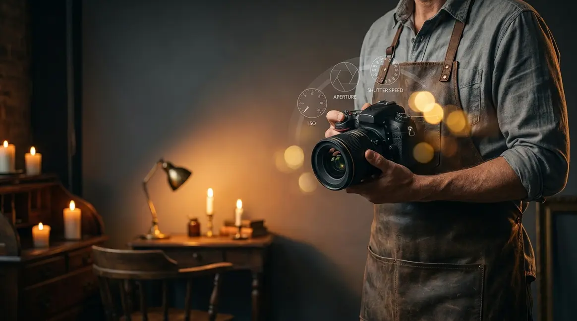 Photographer using low light photography tips with camera in candlelit indoor scene