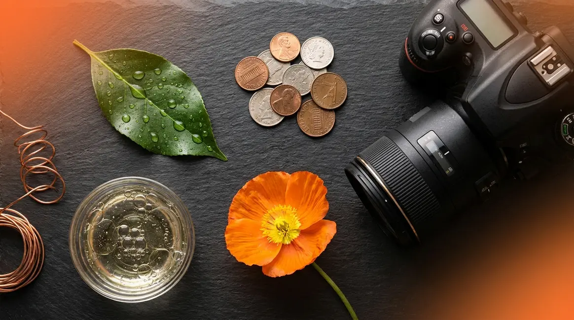 Macro photography ideas flat-lay showing water drops, coins, flower, and camera lens on dark slate