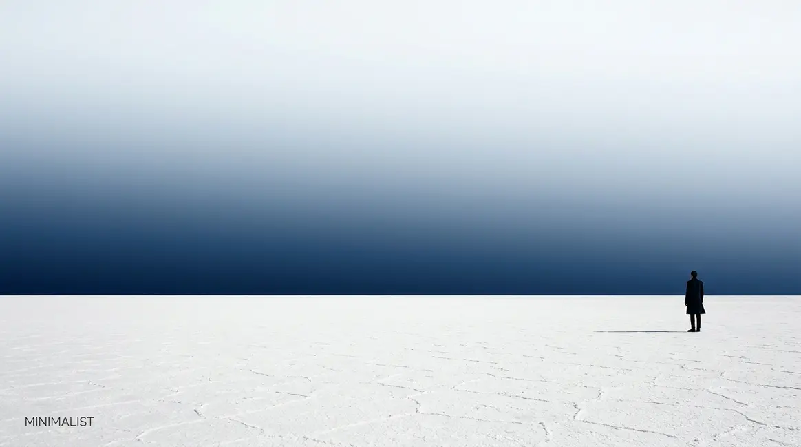 Minimalist photography example showing lone figure against vast empty white landscape with negative space
