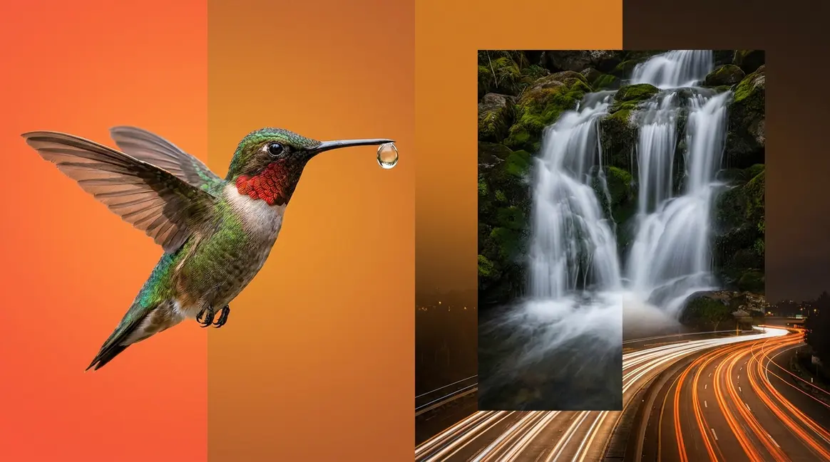 How to capture motion photography — frozen hummingbird versus silky waterfall long exposure comparison