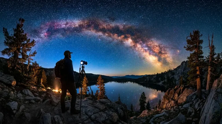 Beginner night photography setup with tripod under Milky Way at mountain lake