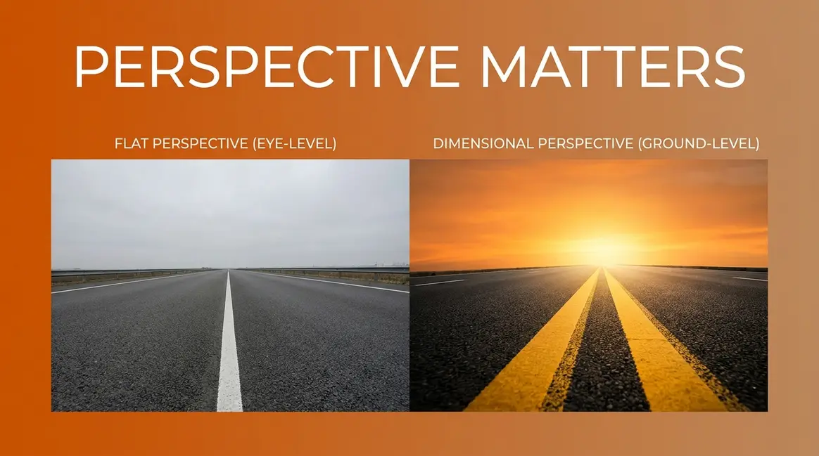 Perspective in photography guide showing flat eye-level shot versus dramatic converging linear perspective