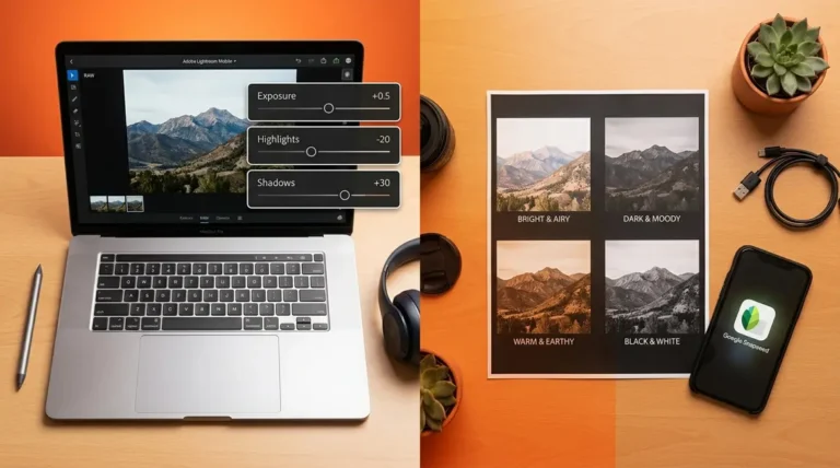 Photo editing styles for beginners shown across Lightroom Mobile and Snapseed interfaces