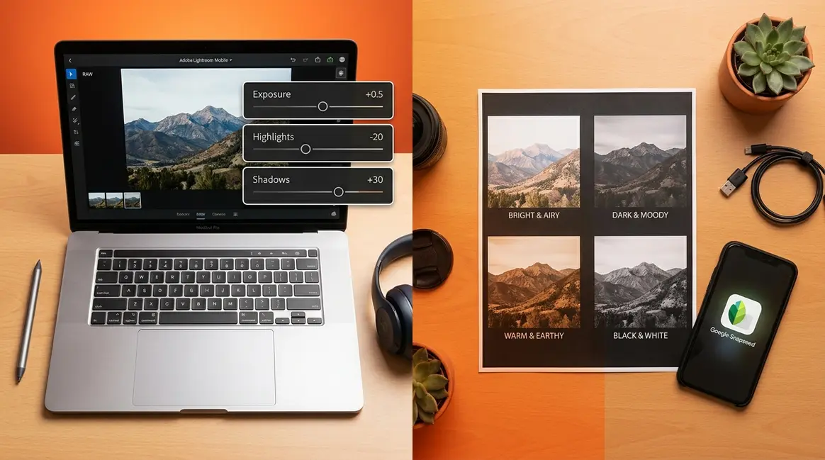 Photo editing styles for beginners shown across Lightroom Mobile and Snapseed interfaces