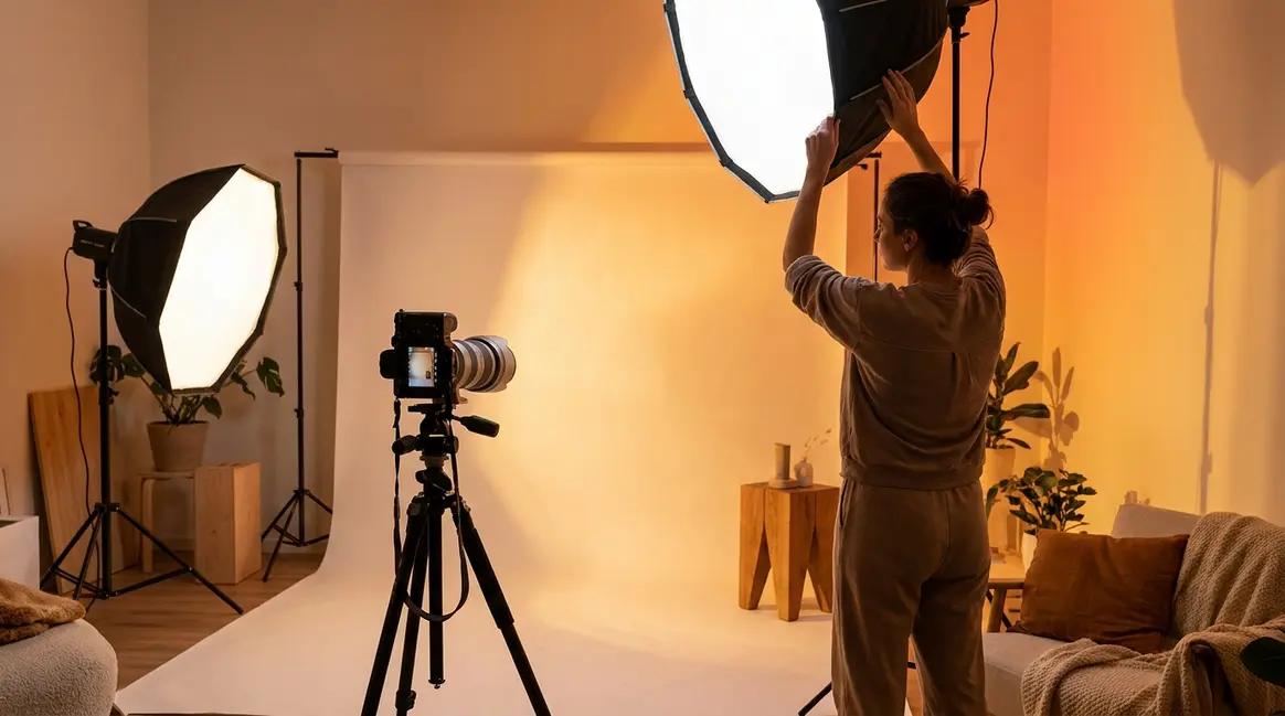 Person setting up photography lighting softbox kit in a home studio