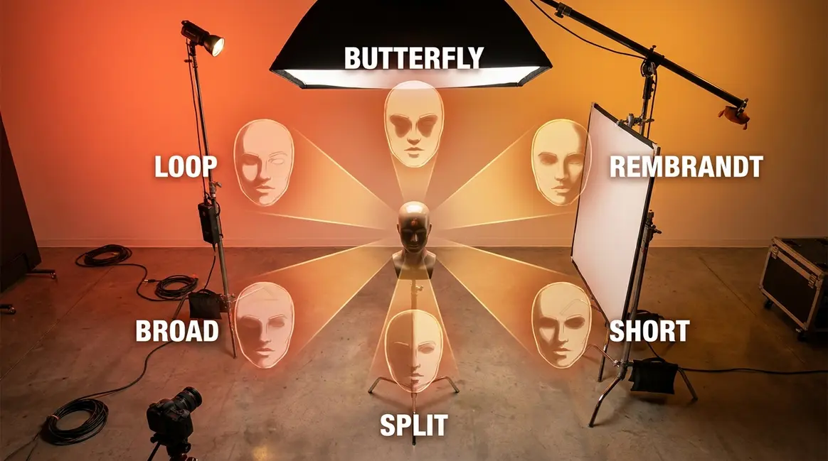 Portrait lighting techniques overview showing six classic shadow patterns in a studio setup