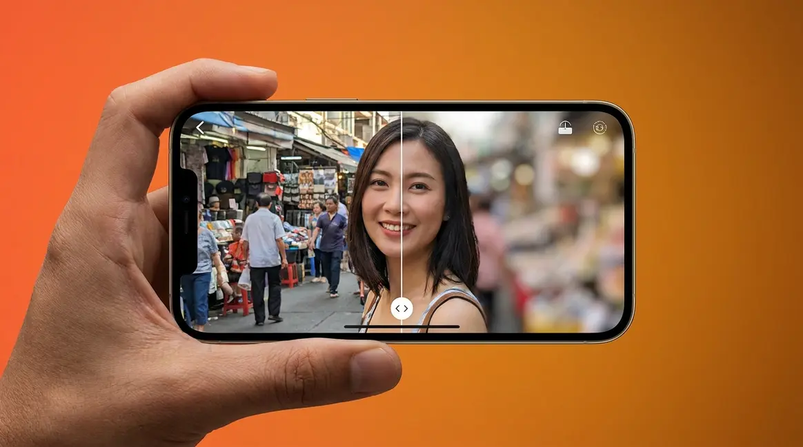 What is portrait mode shown on smartphone screen with blurred background bokeh effect comparison