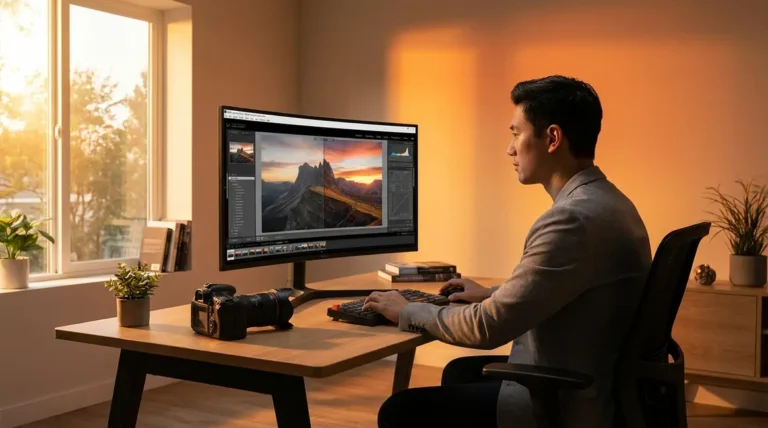 Photographer editing RAW files in post processing photography workflow on desktop monitor
