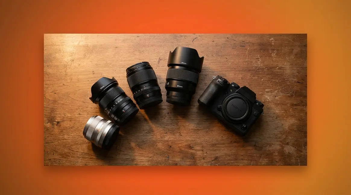 Collection of prime lenses for photography arranged on a wooden desk with camera body