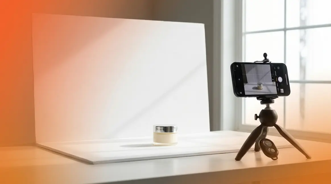 Product photography tutorial home studio setup with window light, tripod, and white background