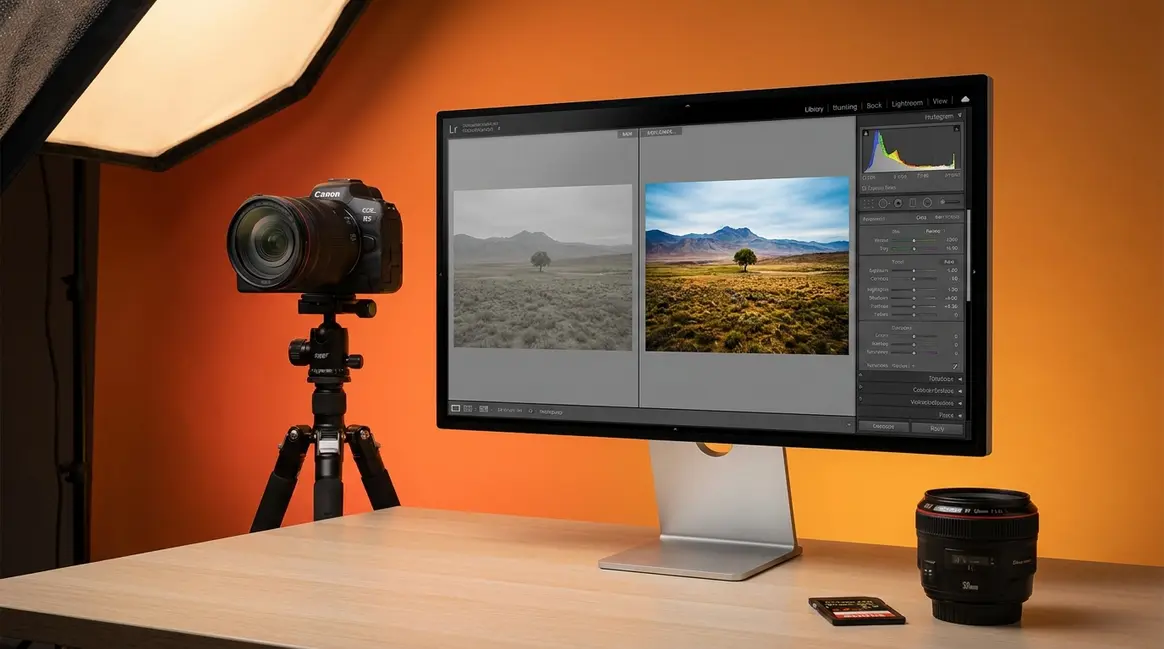 What is RAW format photography — camera and monitor showing RAW file editing workflow