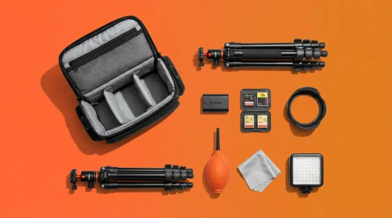 Recommended photography accessories flat-lay including camera bag, tripod, lens hood, and memory cards for beginners