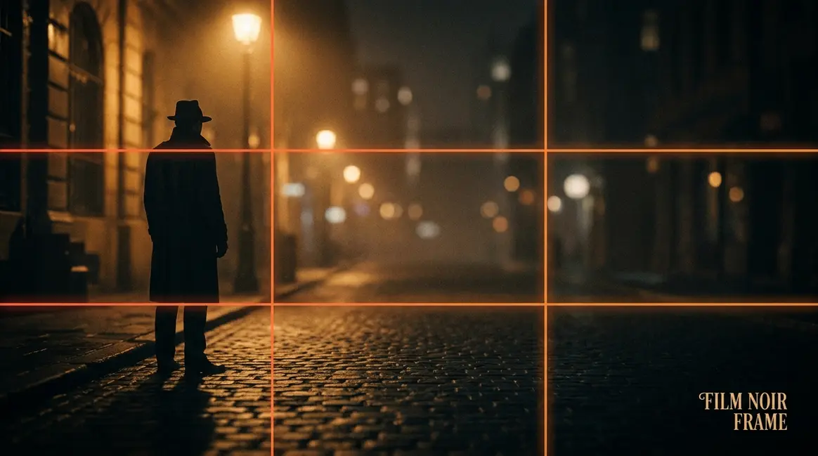 Rule of thirds in film grid overlay on a cinematic frame with subject at power point