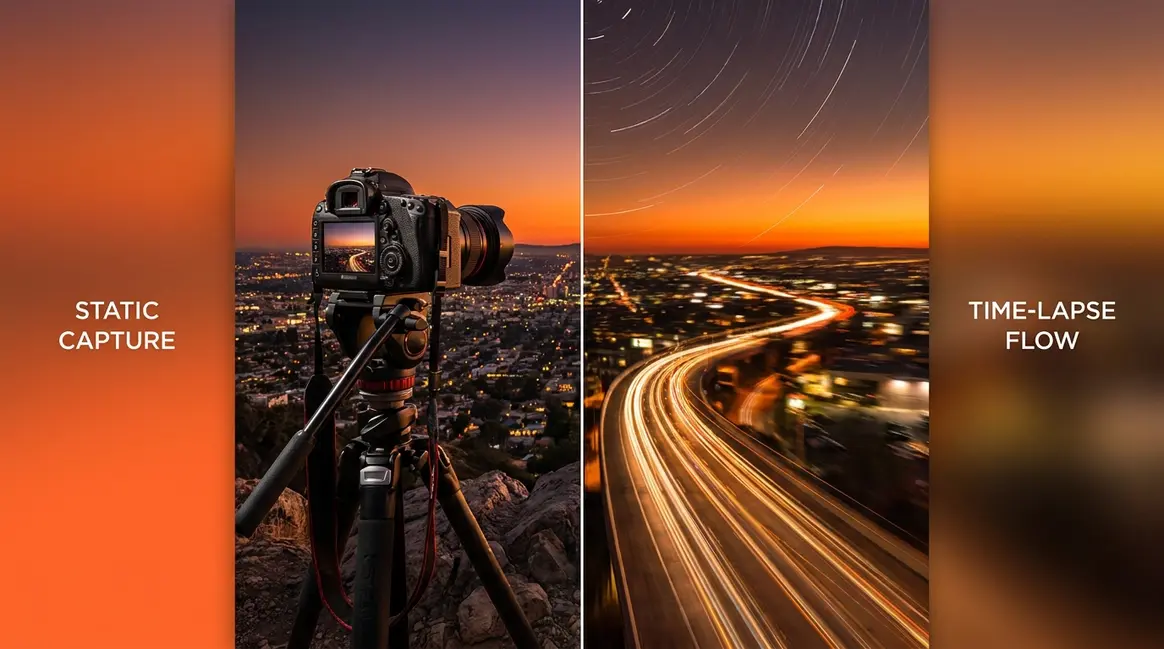 Camera on tripod capturing time-lapse photography of a city skyline at golden hour