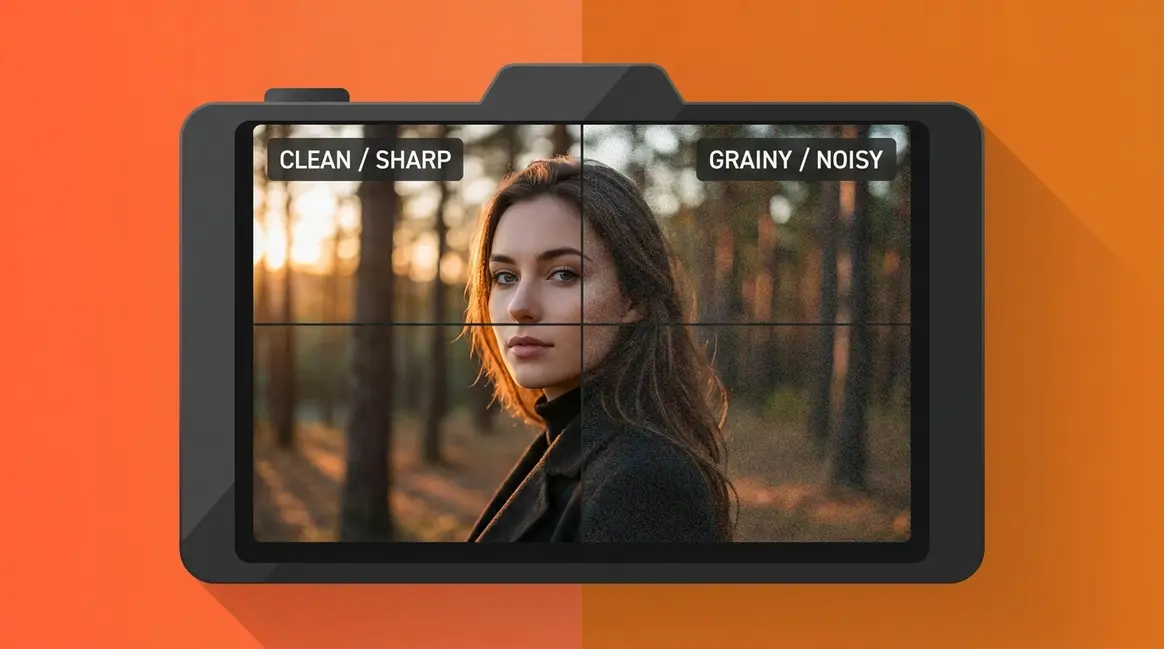 What is noise in photography — clean vs noisy photo comparison on orange gradient background