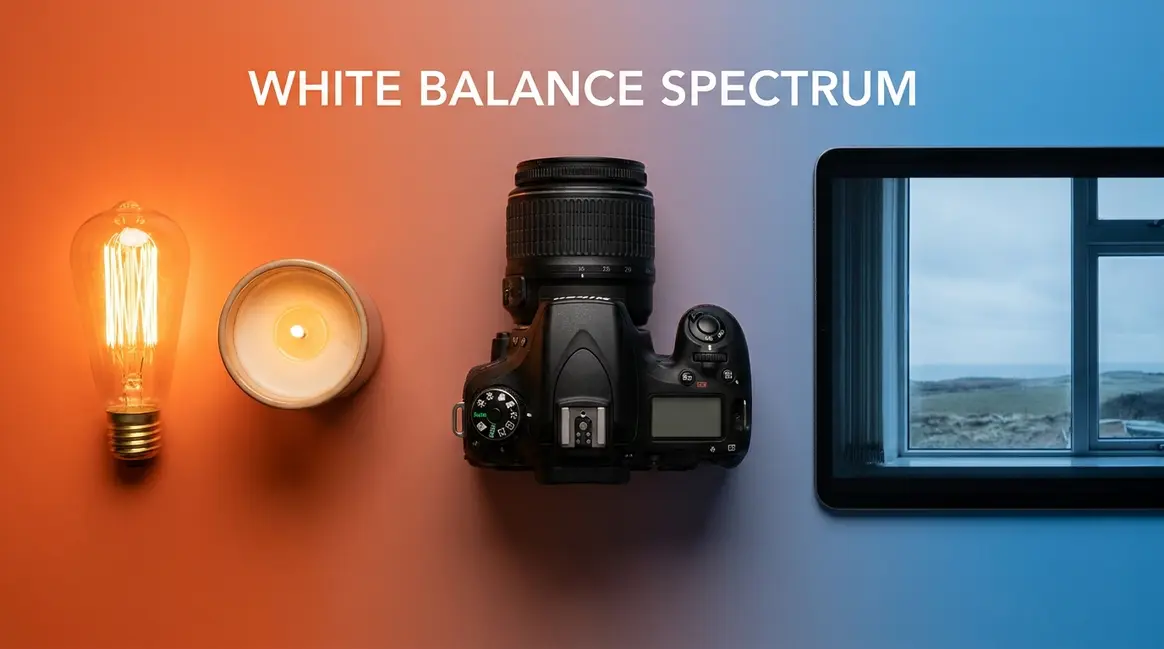 White balance explained — camera with warm orange and cool blue lighting spectrum comparison