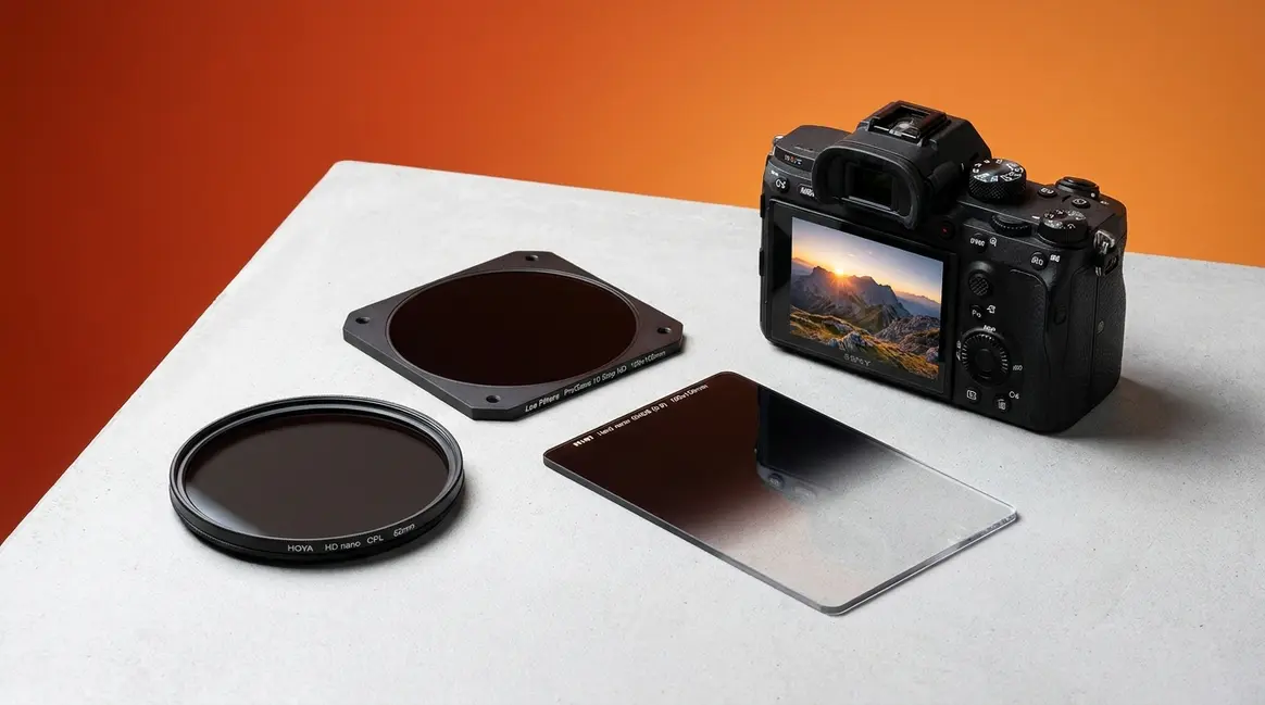 Why use filters in photography — CPL, ND, and graduated ND lens filters arranged beside a mirrorless camera