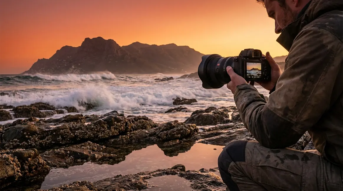 Photographer using wide angle lens photography technique at rocky coastal shoreline at golden hour
