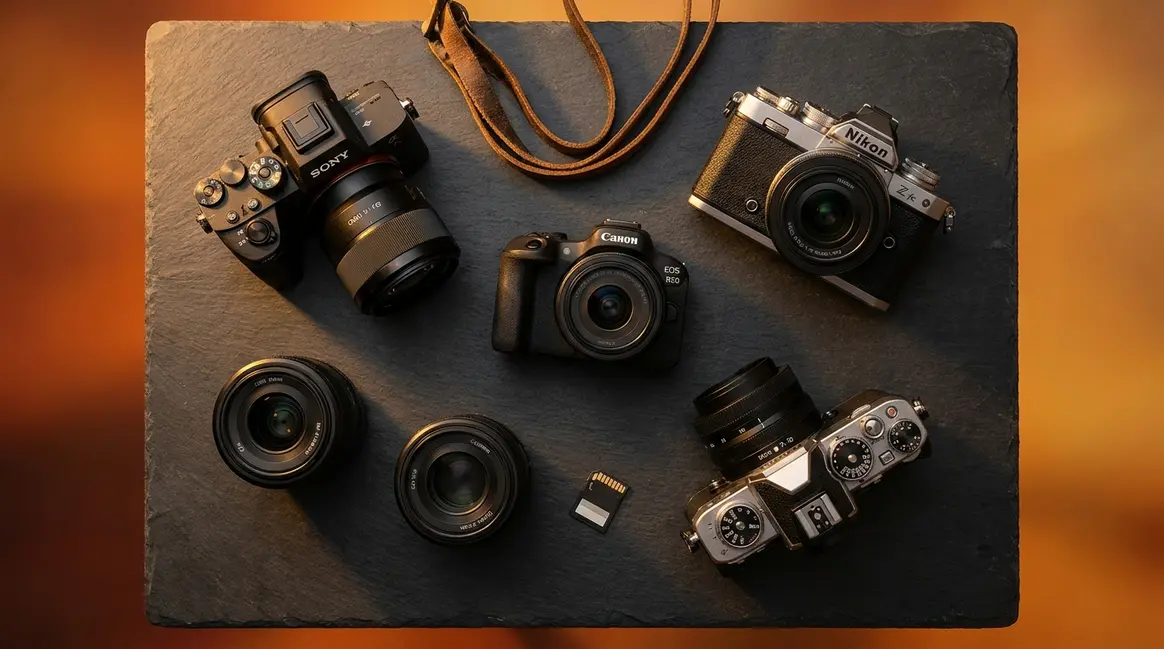 Best mirrorless cameras of 2026 — Sony, Canon, and Nikon bodies arranged in a flat-lay comparison