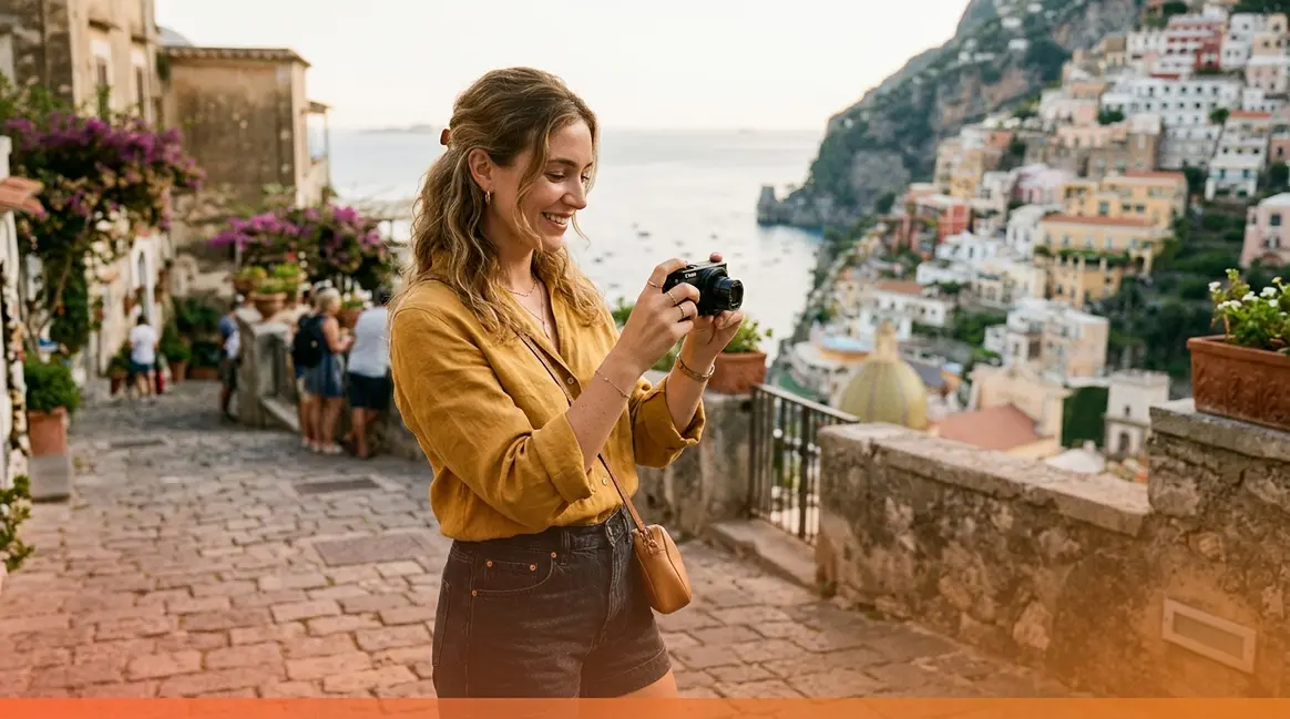 Person holding a compact point and shoot camera while traveling outdoors